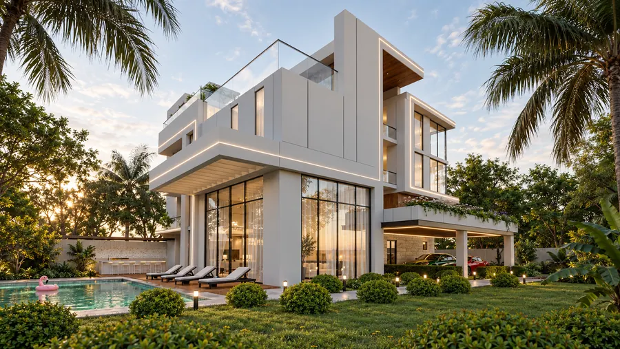 Beyaz ve Ahşap Villa – villa dış cephe render